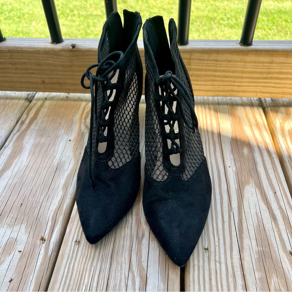 Black Lace-Up Mesh Women's Ankle Heels